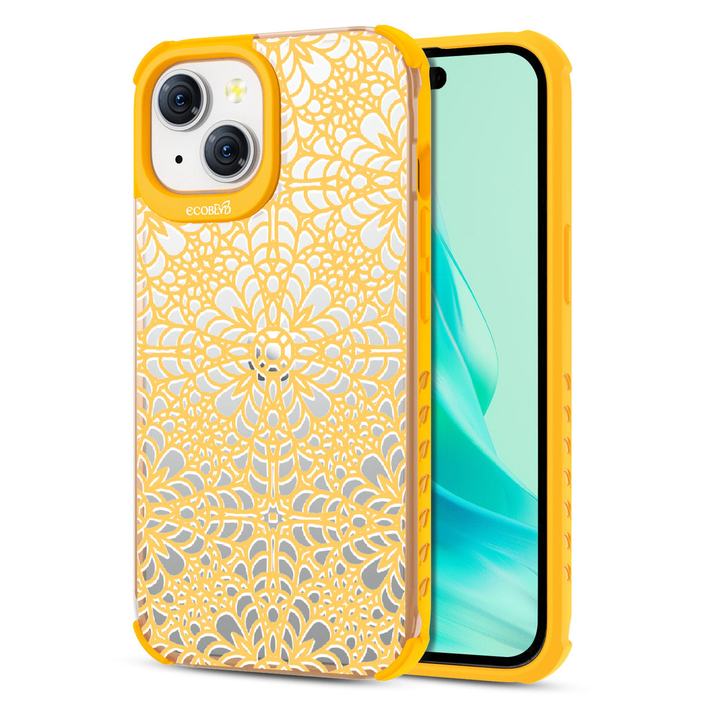 A Lil' Dainty  - Back View Of Eco-Friendly iPhone 15 Clear Case With Yellow Rim & Front View Of Screen