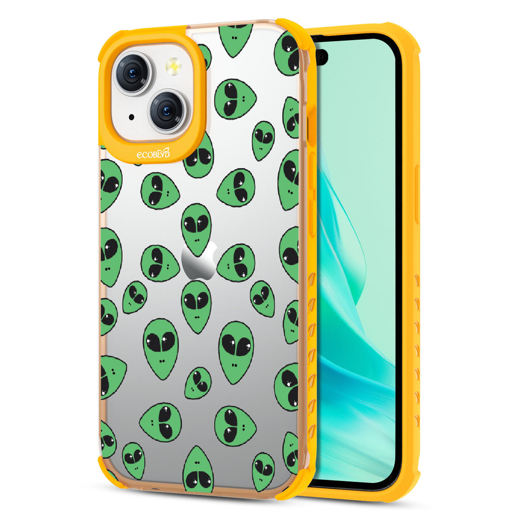  Aliens  - Back View Of Eco-Friendly iPhone 15 Clear Case With Yellow Rim & Front View Of Screen
