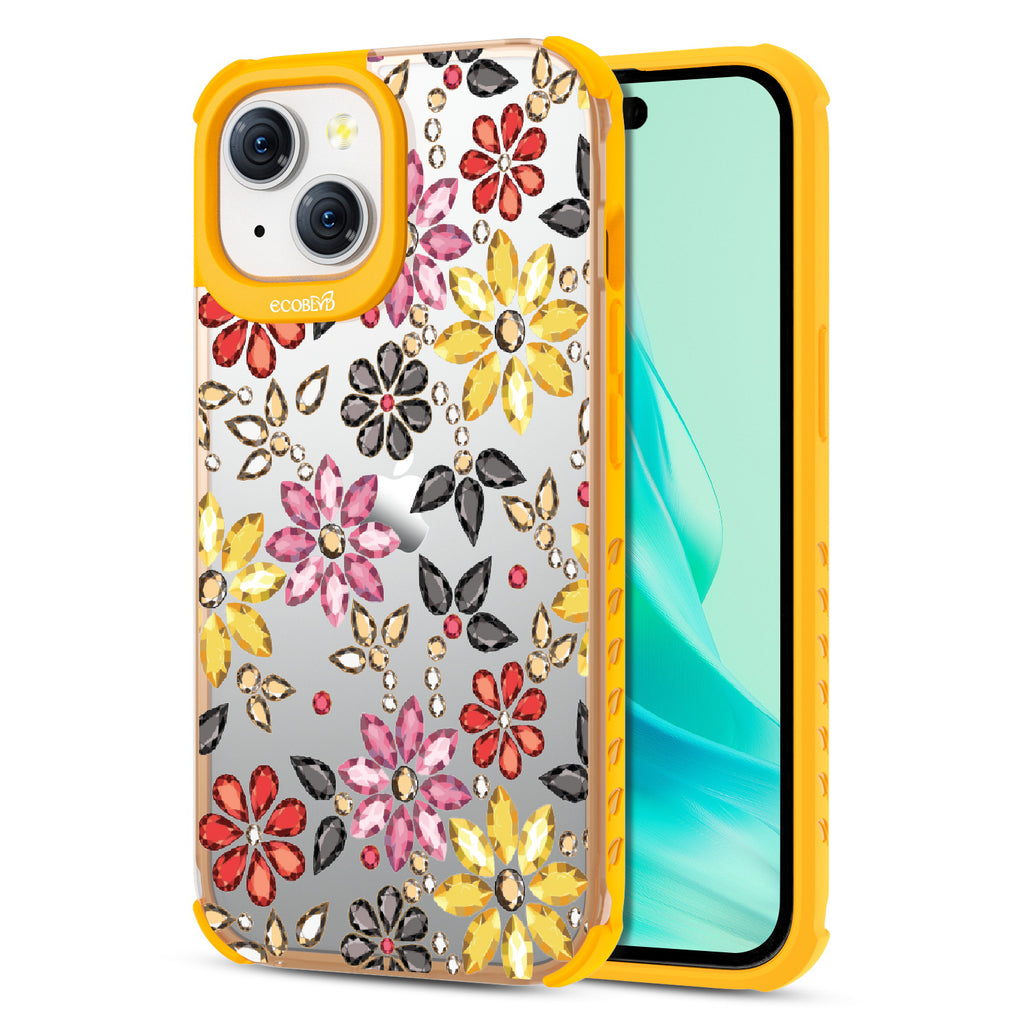Bejeweled - Back View Of Eco-Friendly iPhone 15 Clear Case With Yellow Rim & Front View Of Screen
