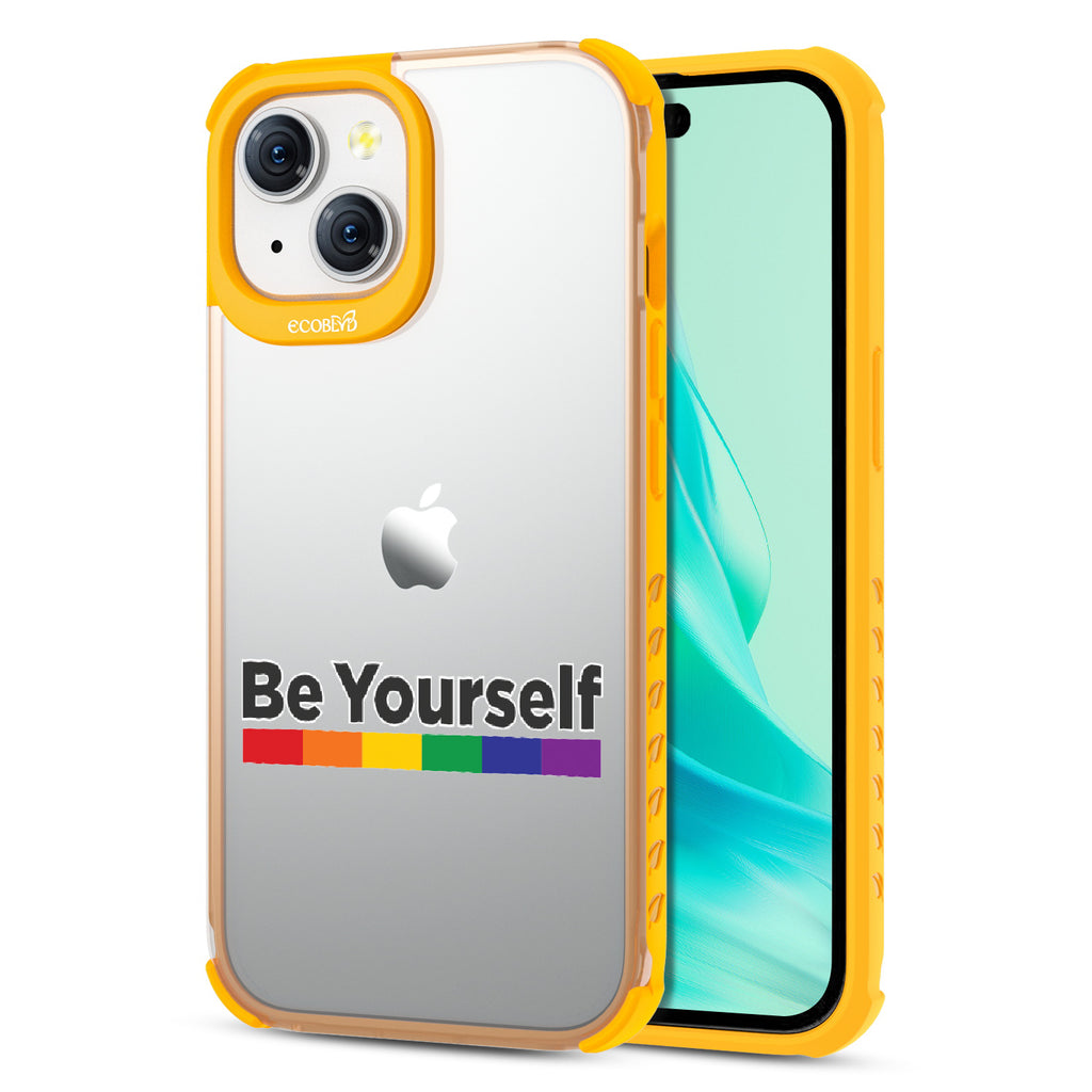 Be Yourself - Back View Of Eco-Friendly iPhone 15 Clear Case With Yellow Rim & Front View Of Screen