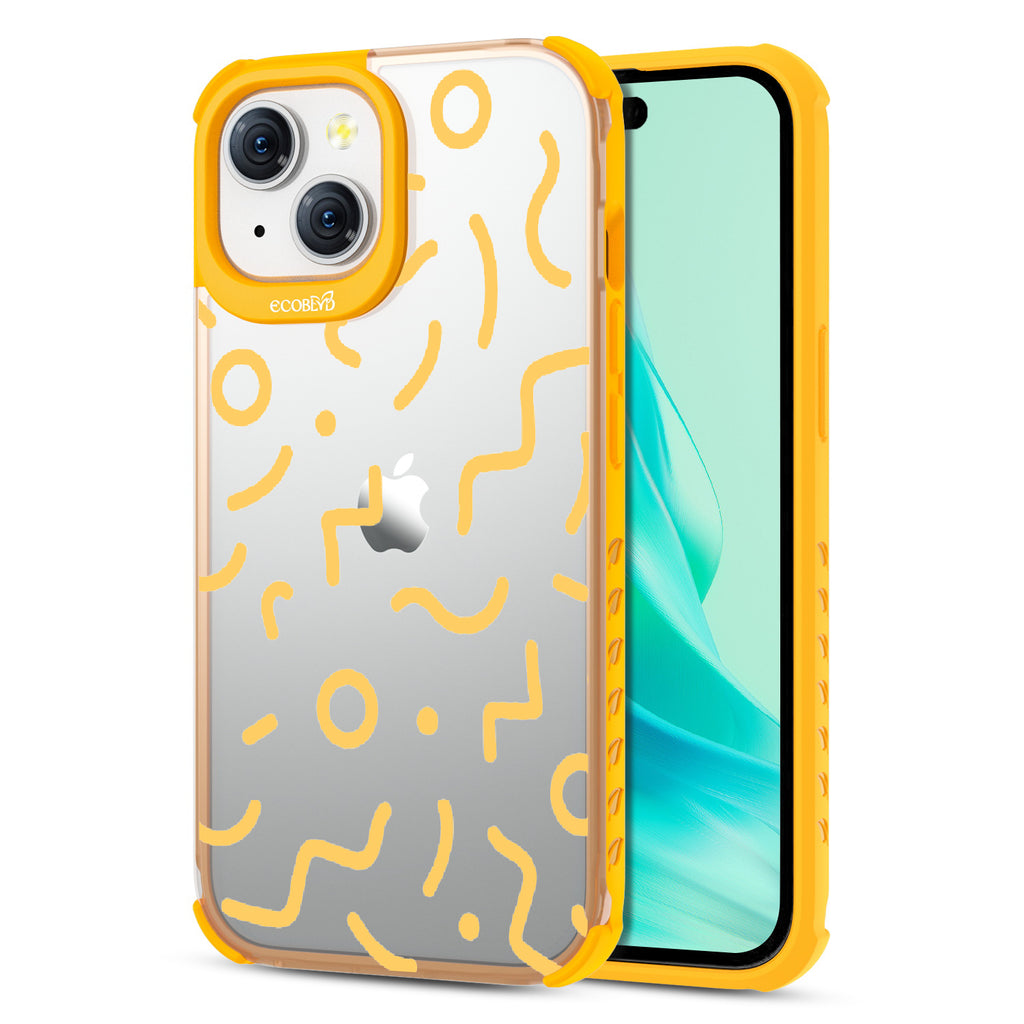 90?€?s Kids - Back View Of Eco-Friendly iPhone 15 Clear Case With Yellow Rim & Front View Of Screen