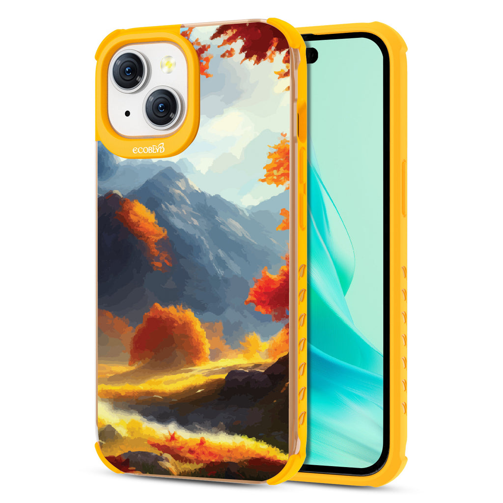 Autumn Canvas - Back View Of Eco-Friendly iPhone 15 Clear Case With Yellow Rim & Front View Of Screen