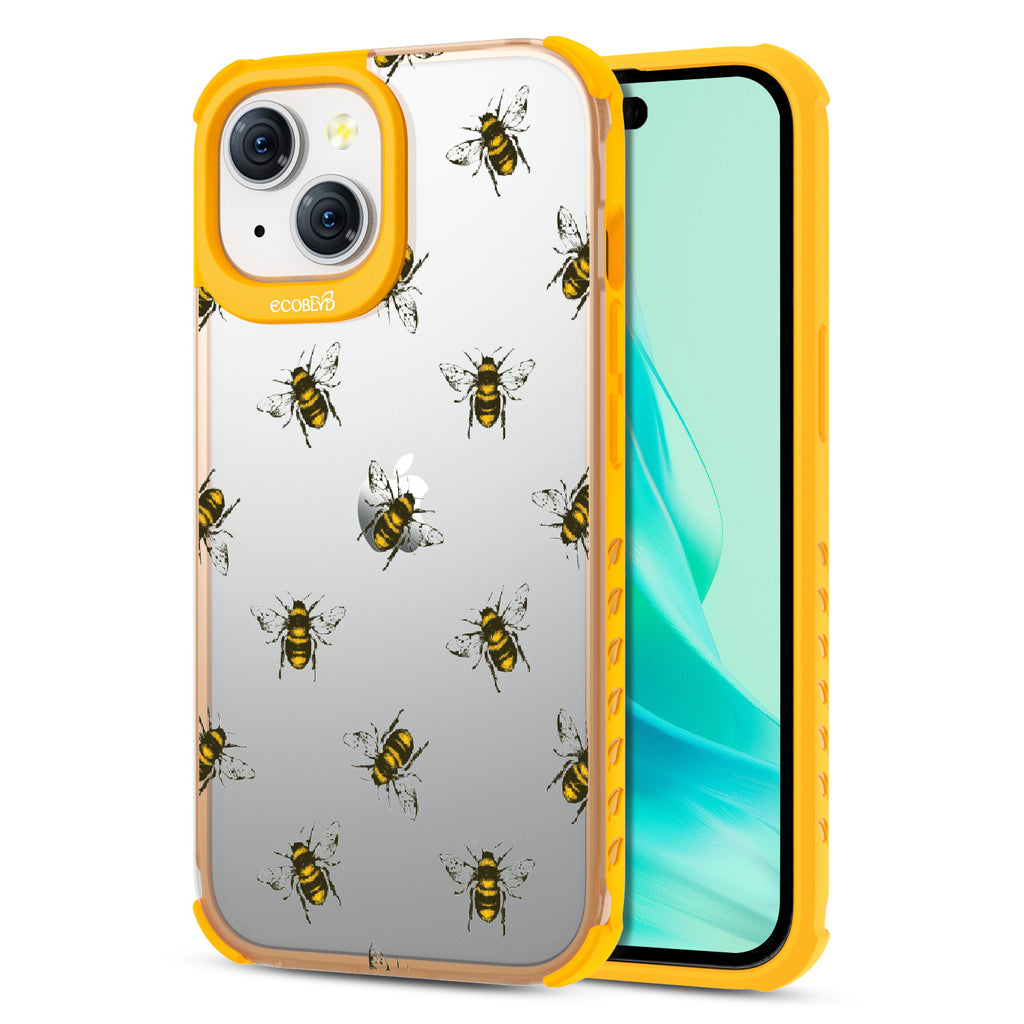 Bees - Back View Of Eco-Friendly iPhone 15 Clear Case With Yellow Rim & Front View Of Screen