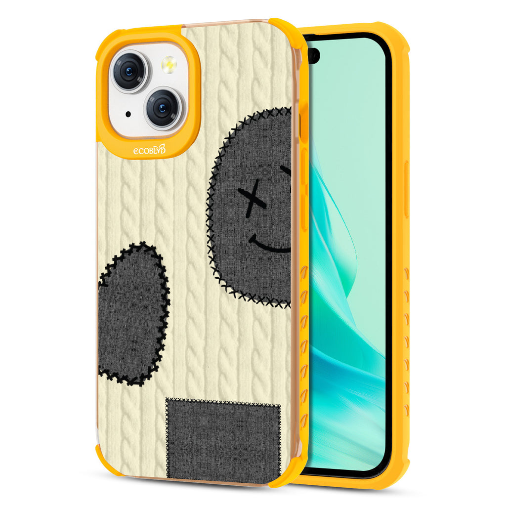 All Patched Up - Cable Knit With Patches of Heart + Happy Face - Eco-Friendly Clear iPhone 15 Case With Yellow Rim