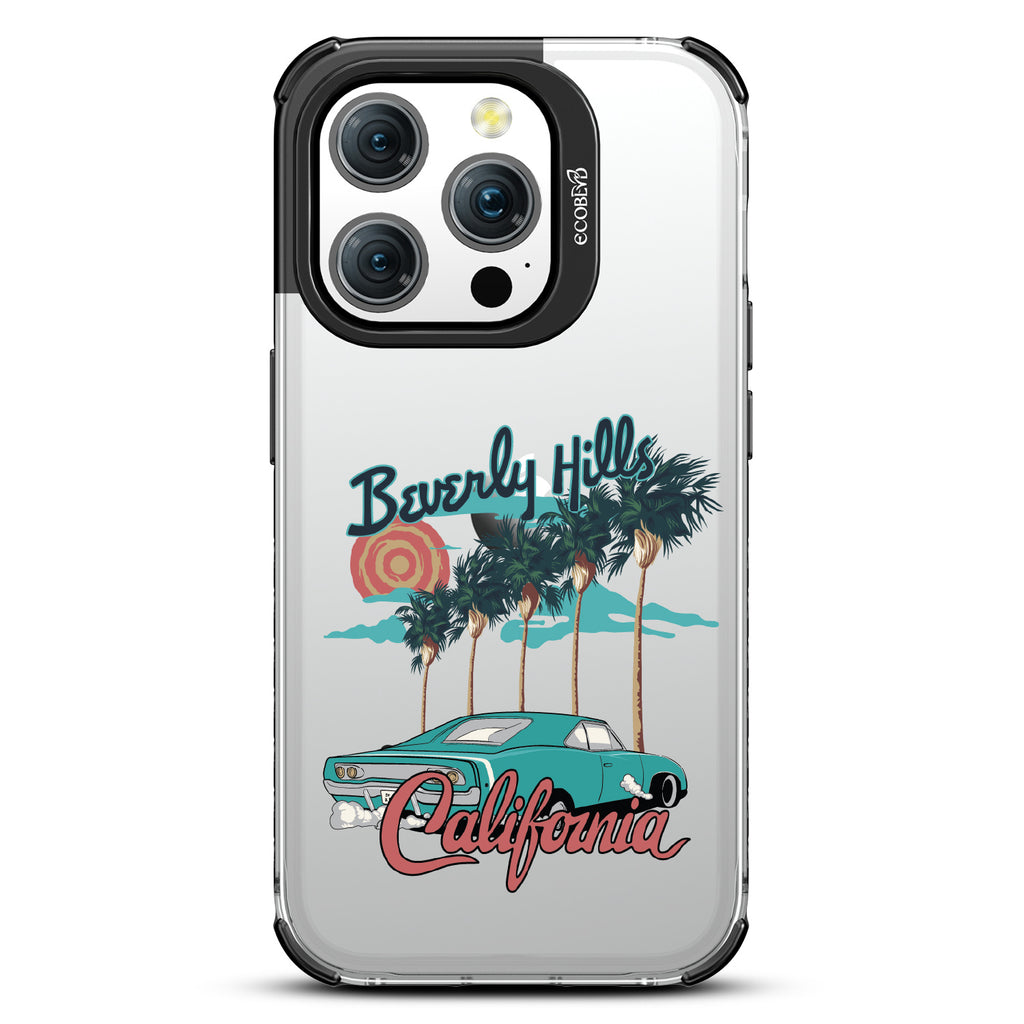 iPhone 15 Pro case, clear eco-friendly phone case with black ridges, back view, 90210 design
