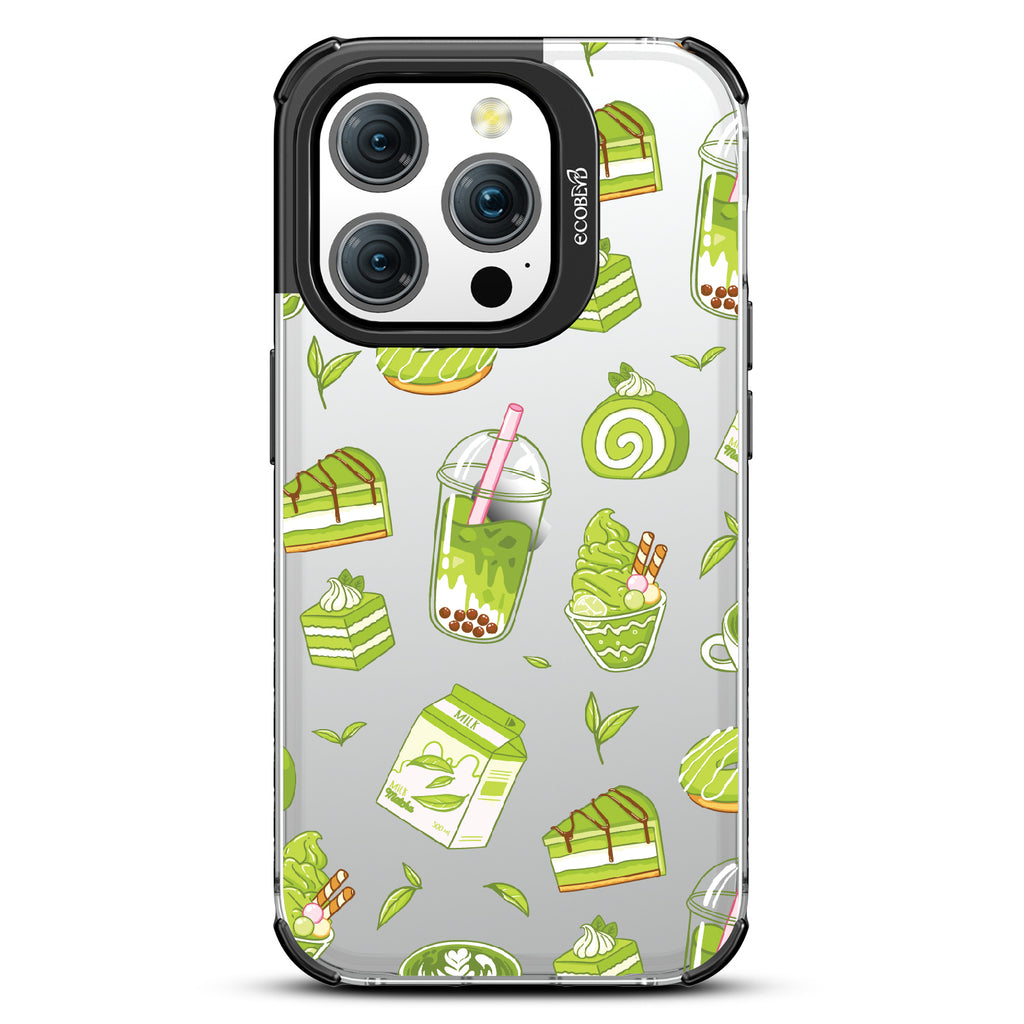 iPhone 15 Pro case, clear eco-friendly phone case with black ridges, back view, So Matcha More design