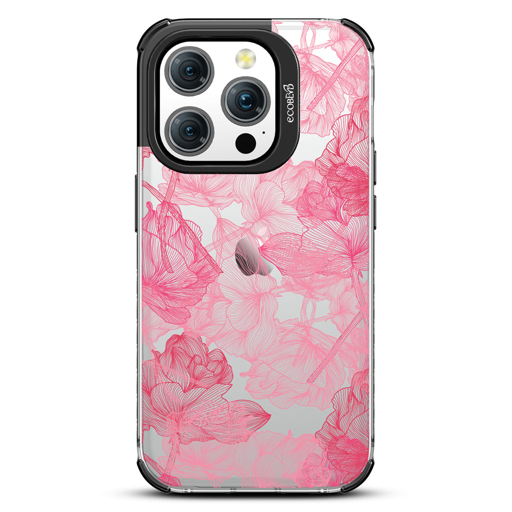 Blushed Pink - Pink Line Art Style Roses - Eco-Friendly Clear iPhone 15 Pro Case With Black Rim