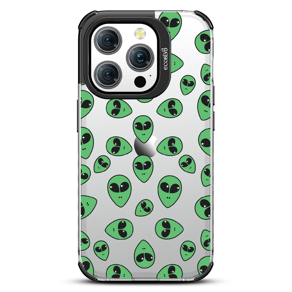 Aliens - Green Cartoon Alien Heads - Eco-Friendly Clear iPhone 15 Pro Case With Black Rim