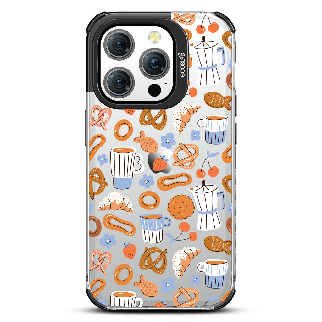 iPhone 15 Pro case, clear eco-friendly phone case with black ridges, back view, The Breakfast Club design