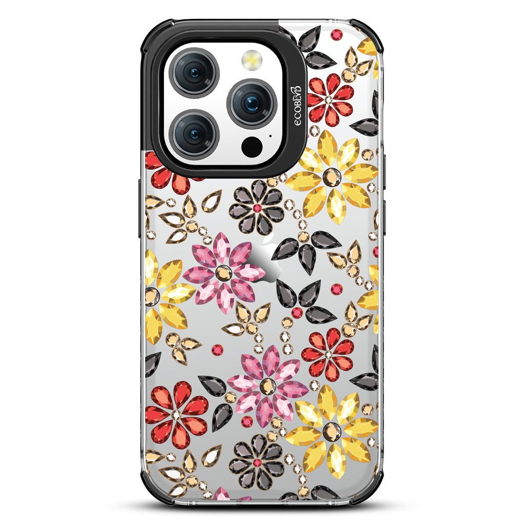 Bejeweled - Rhinestone Jewels In Floral Patterns - Eco-Friendly Clear iPhone 15 Pro Case With Black Rim 