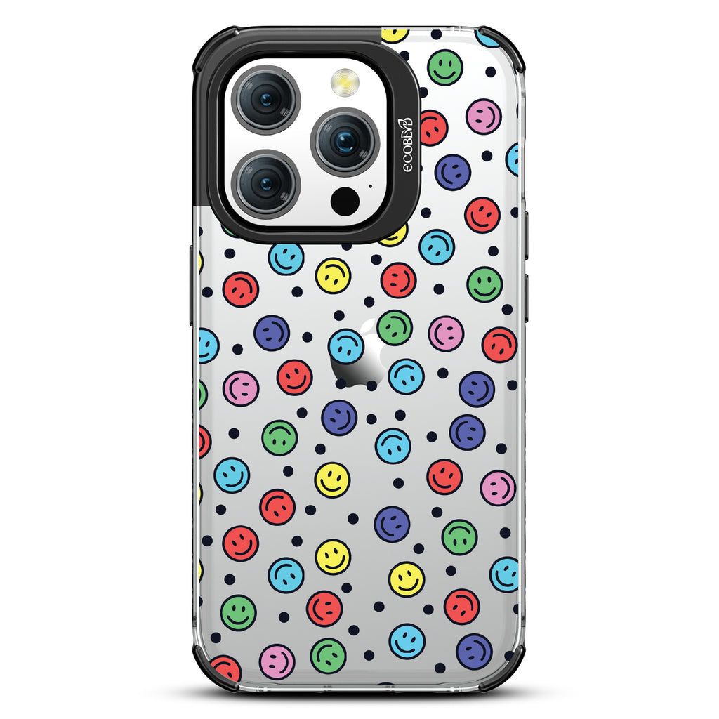 All Smiles - Multi Colored Smiley Faces & Black Dots - Eco-Friendly Clear iPhone 15 Pro Case With Black Rim  