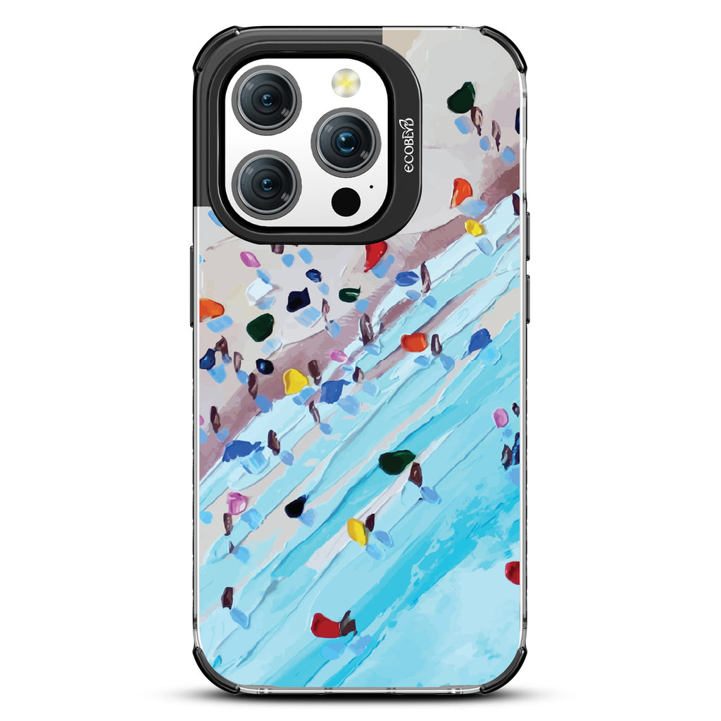 iPhone 15 Pro case, clear eco-friendly phone case with black ridges, back view, Waves of Color design