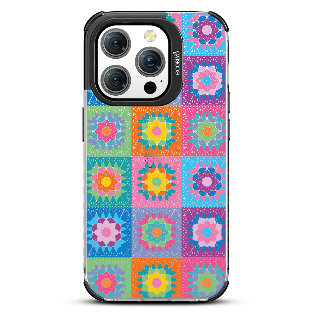 All Squared Away - Pastel Vintage Granny Squares Crochet - Eco-Friendly Clear iPhone 15 Pro Case With Black Rim