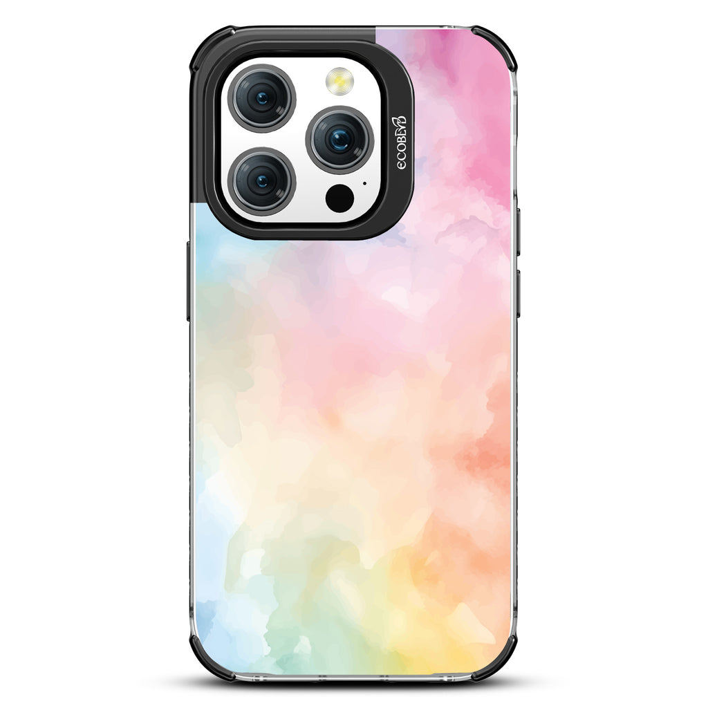 iPhone 15 Pro case, clear eco-friendly phone case with black ridges, back view, Painted Skies design