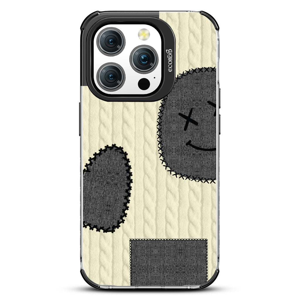 All Patched Up - Cable Knit With Patches of Heart + Happy Face - Eco-Friendly Clear iPhone 15 Pro Case With Black Rim