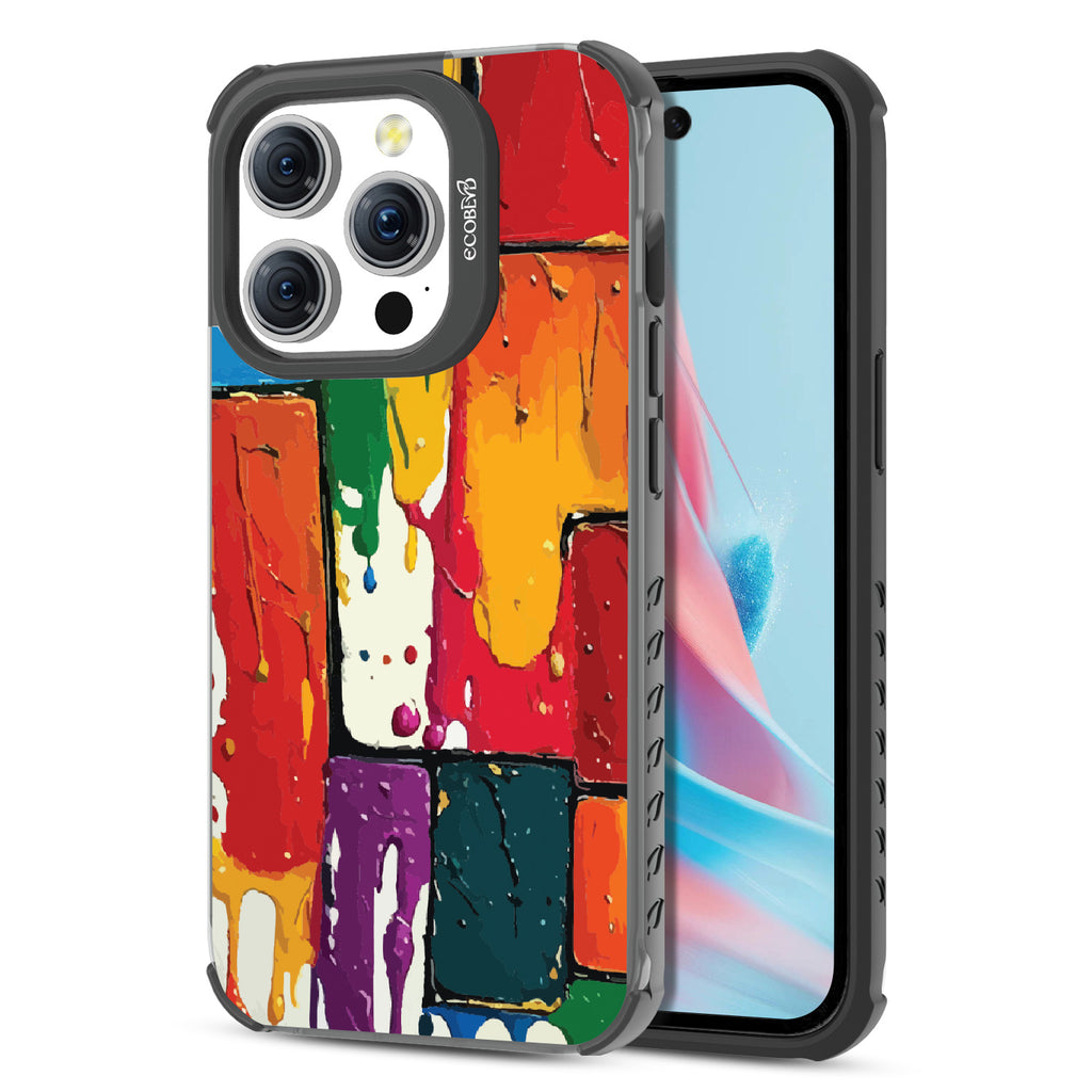 Front and back view of iPhone 15 Pro case, clear compostable phone case with black ridges, Color Me Mine design