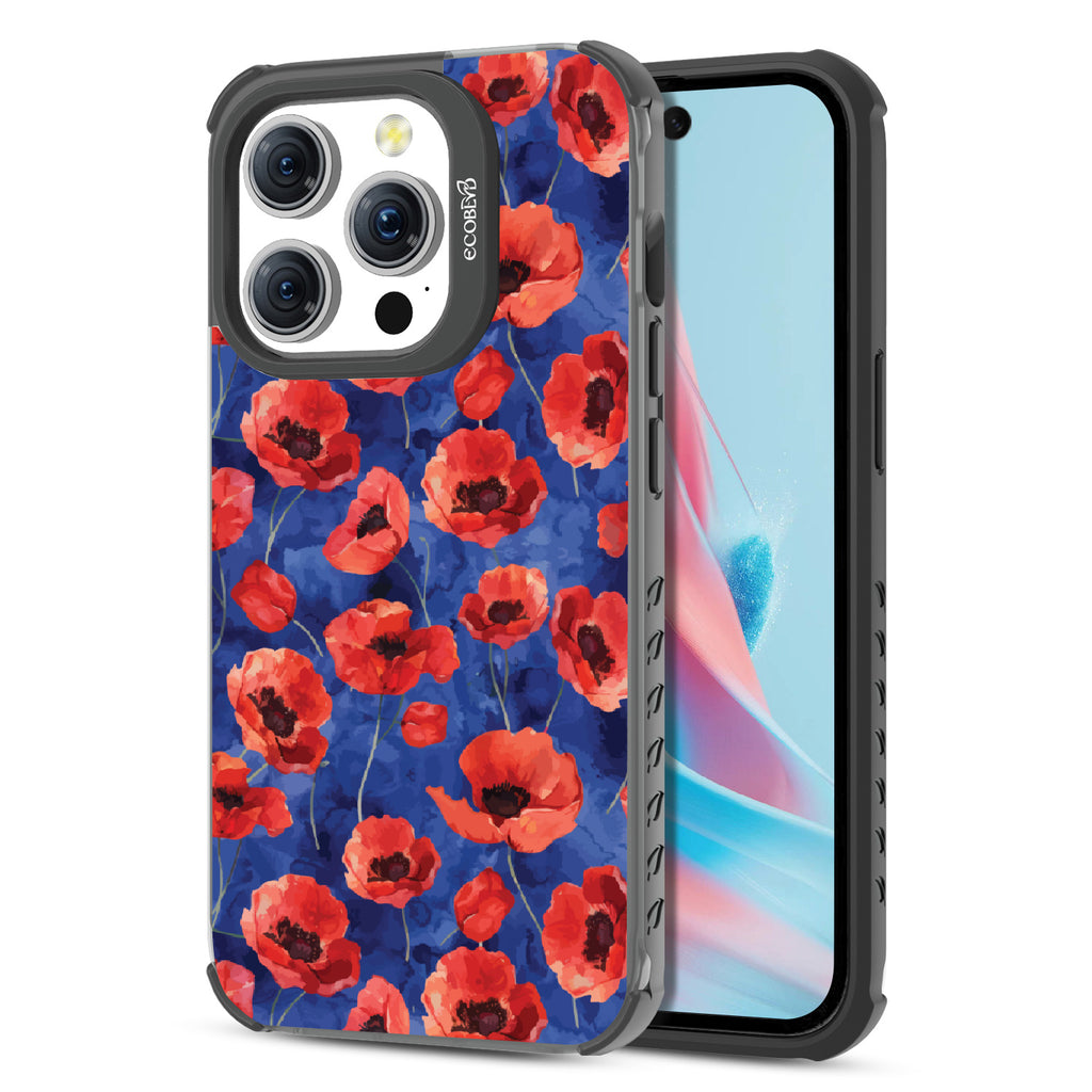 Front and back view of iPhone 15 Pro case, clear compostable phone case with black ridges, Dream Bouquet design