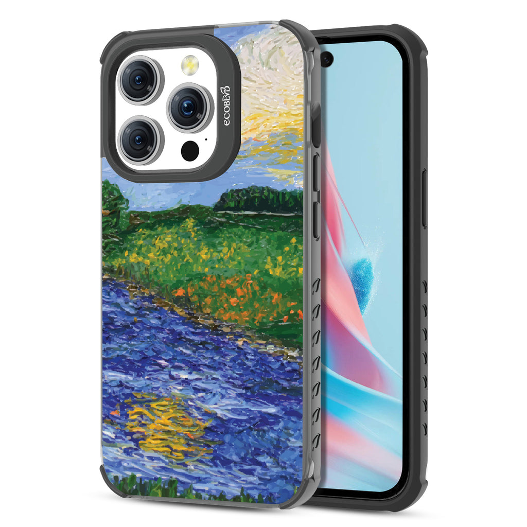 Front and back view of iPhone 15 Pro case, clear compostable phone case with black ridges, Field of Vision design