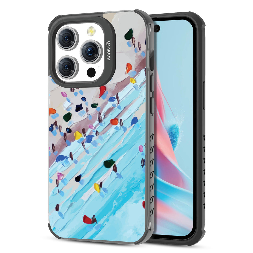Front and back view of iPhone 15 Pro case, clear compostable phone case with black ridges, Waves of Color design