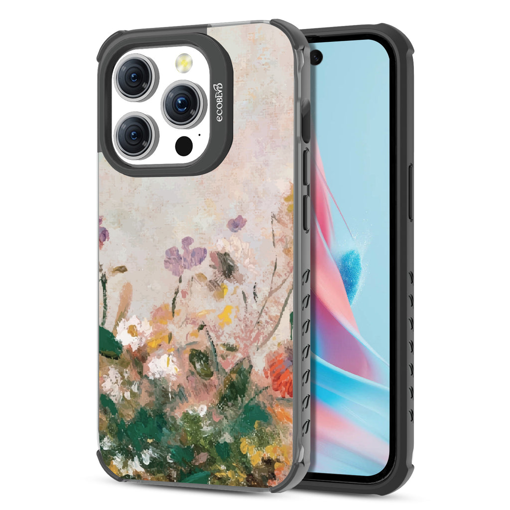 Front and back view of iPhone 15 Pro case, clear compostable phone case with black ridges, Wild Grace design