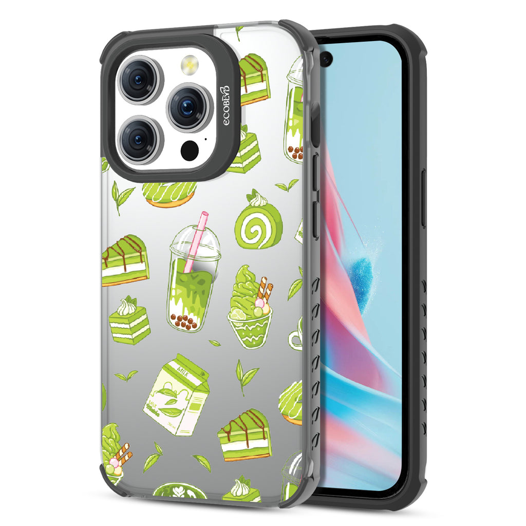 Front and back view of iPhone 15 Pro case, clear compostable phone case with black ridges, So Matcha More design
