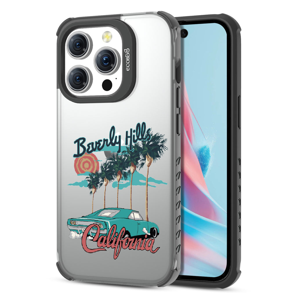 Front and back view of iPhone 14 Pro Max case, clear compostable phone case with black ridges, 90210 design