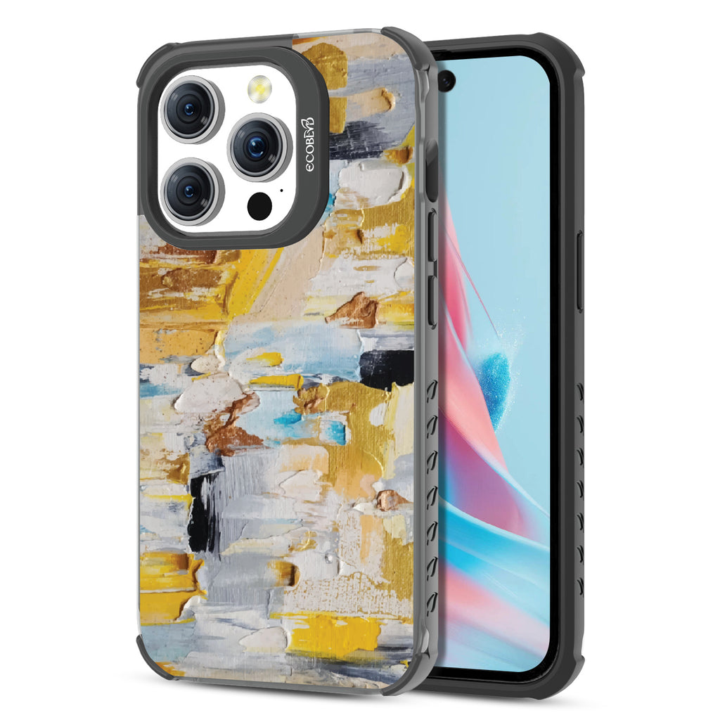 Front and back view of iPhone 15 Pro case, clear compostable phone case with black ridges, Lighten Up design