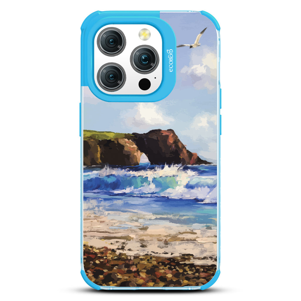 iPhone 15 Pro case, clear eco-friendly phone case with blue ridges, back view, Cliffhanger design