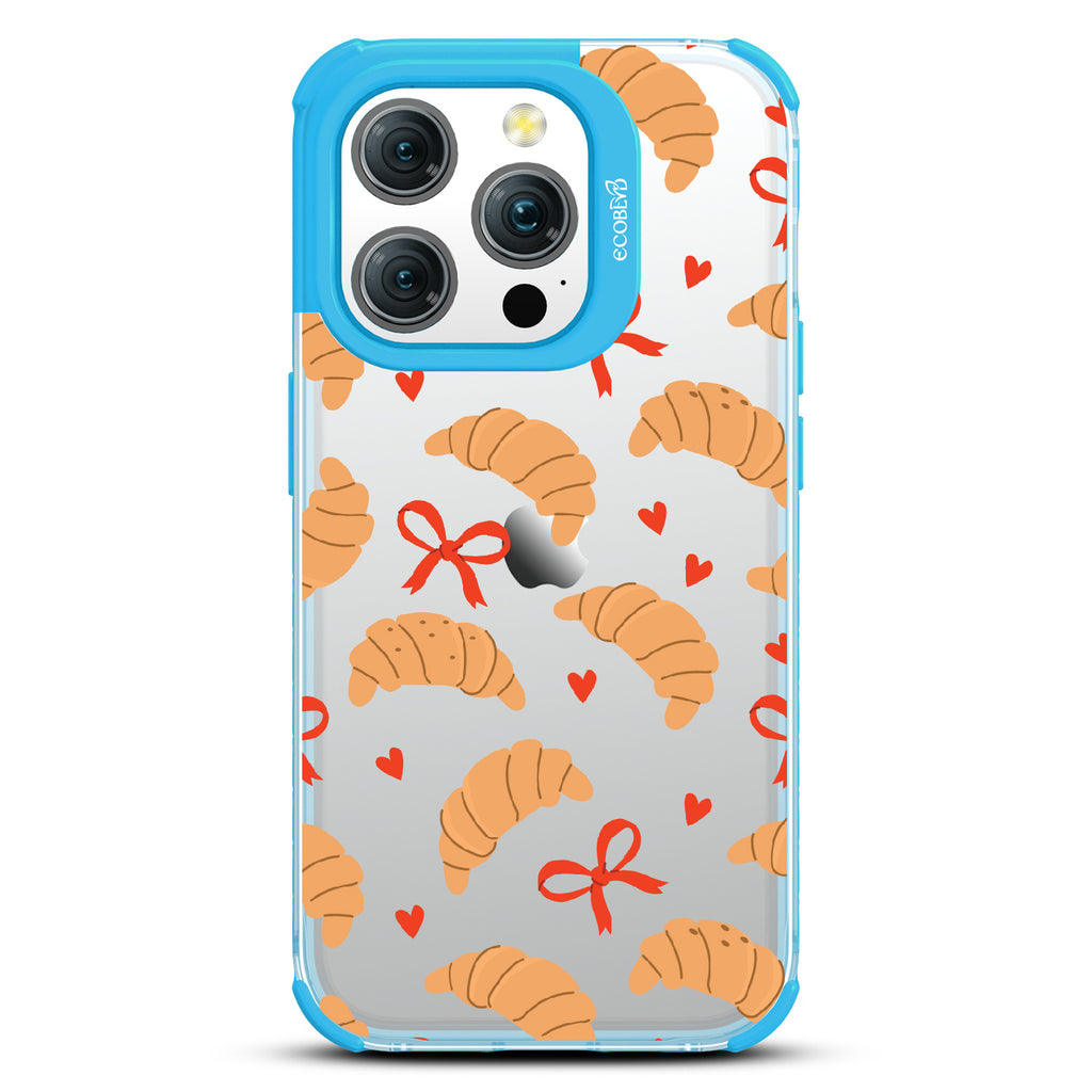 iPhone 15 Pro case, clear eco-friendly phone case with blue ridges, back view, Croissant Couture design