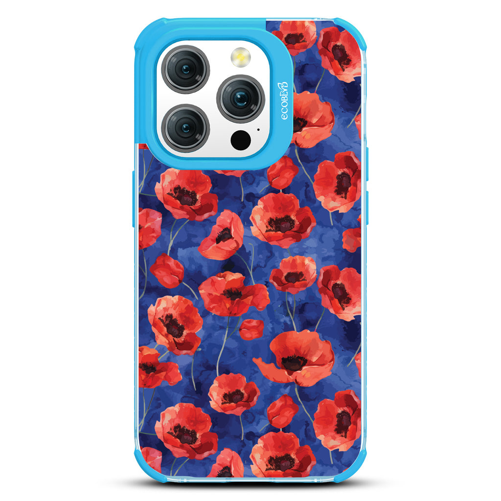 iPhone 15 Pro case, clear eco-friendly phone case with blue ridges, back view, Dream Bouquet design