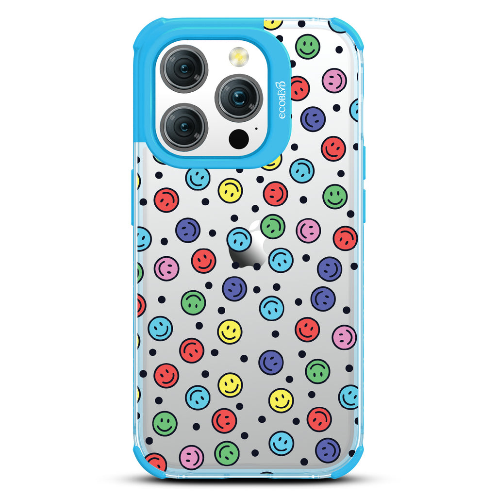 All Smiles - Multi Colored Smiley Faces & Black Dots - Eco-Friendly Clear iPhone 15 Pro Case With Blue Rim  