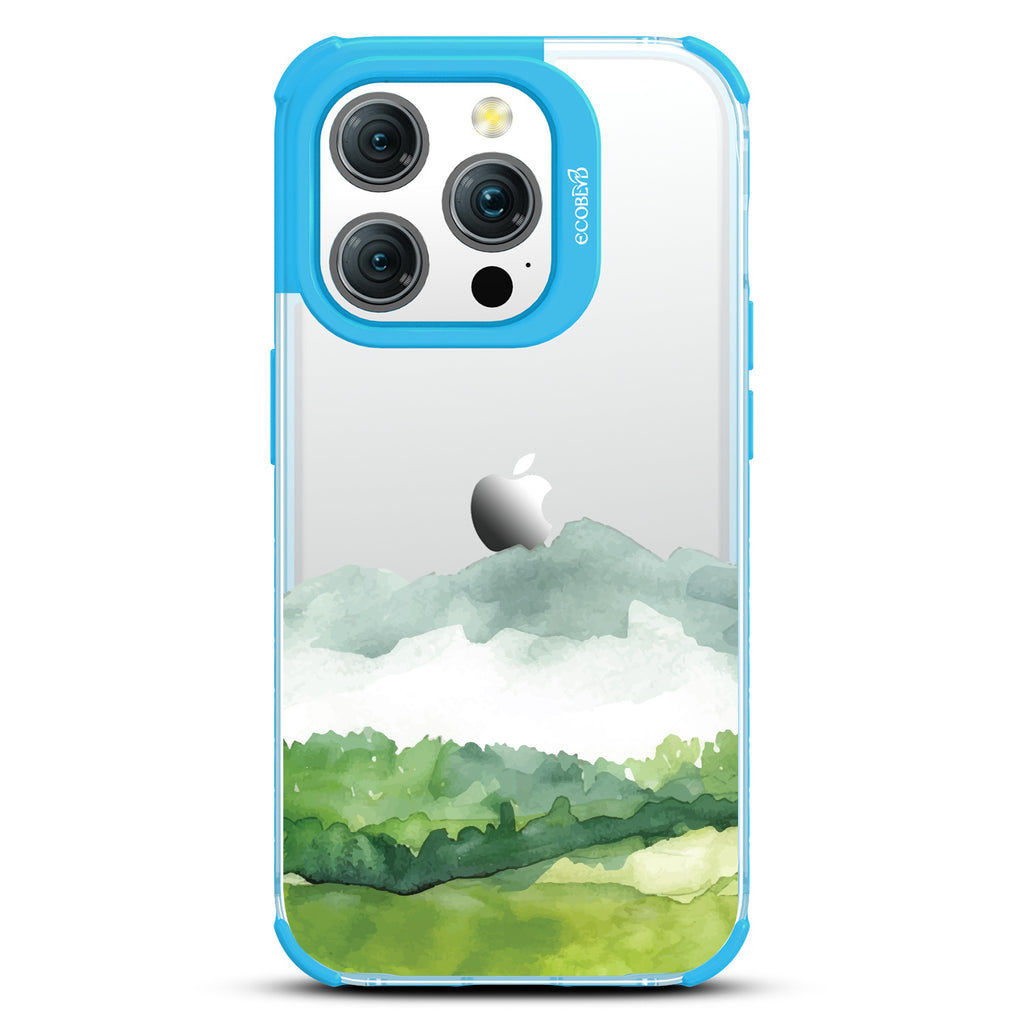 iPhone 15 Pro case, clear eco-friendly phone case with blue ridges, back view, Open Horizon design