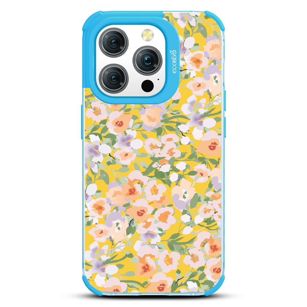 iPhone 14 Pro case, clear eco-friendly phone case with blue ridges, back view, Flourish & Shine design