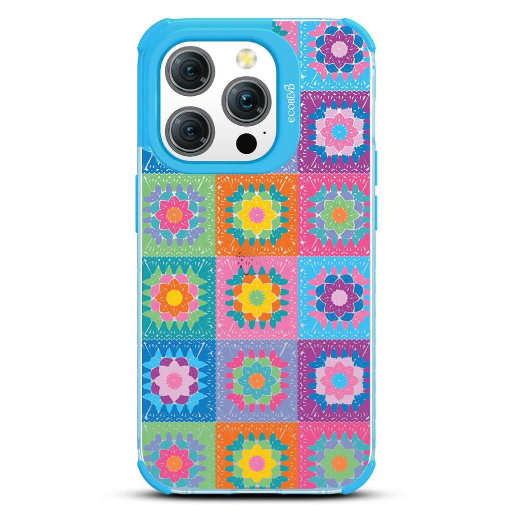 All Squared Away - Pastel Vintage Granny Squares Crochet - Eco-Friendly Clear iPhone 15 Pro Case With Blue Rim 