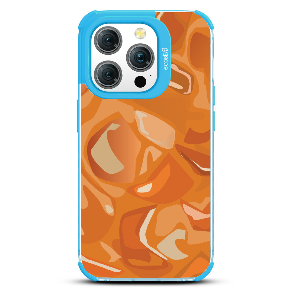 iPhone 15 Pro case, clear eco-friendly phone case with blue ridges, back view, Cream & Sugar design