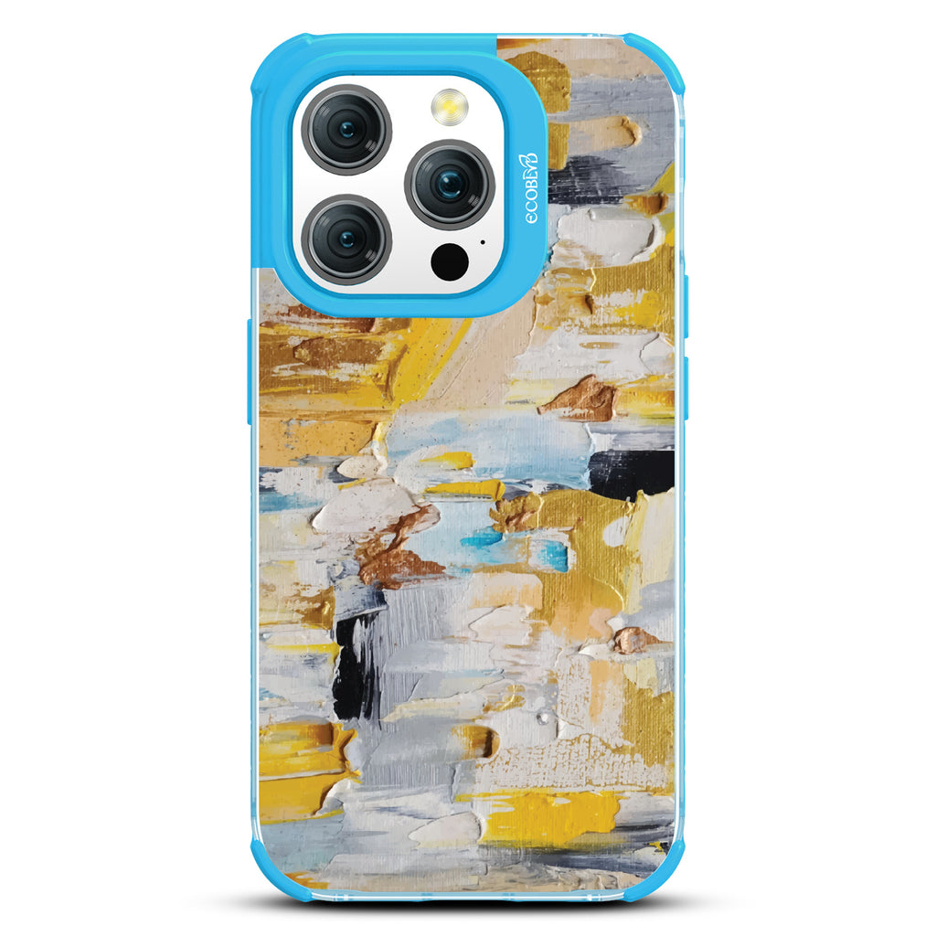 iPhone 15 Pro case, clear eco-friendly phone case with blue ridges, back view, Lighten Up design