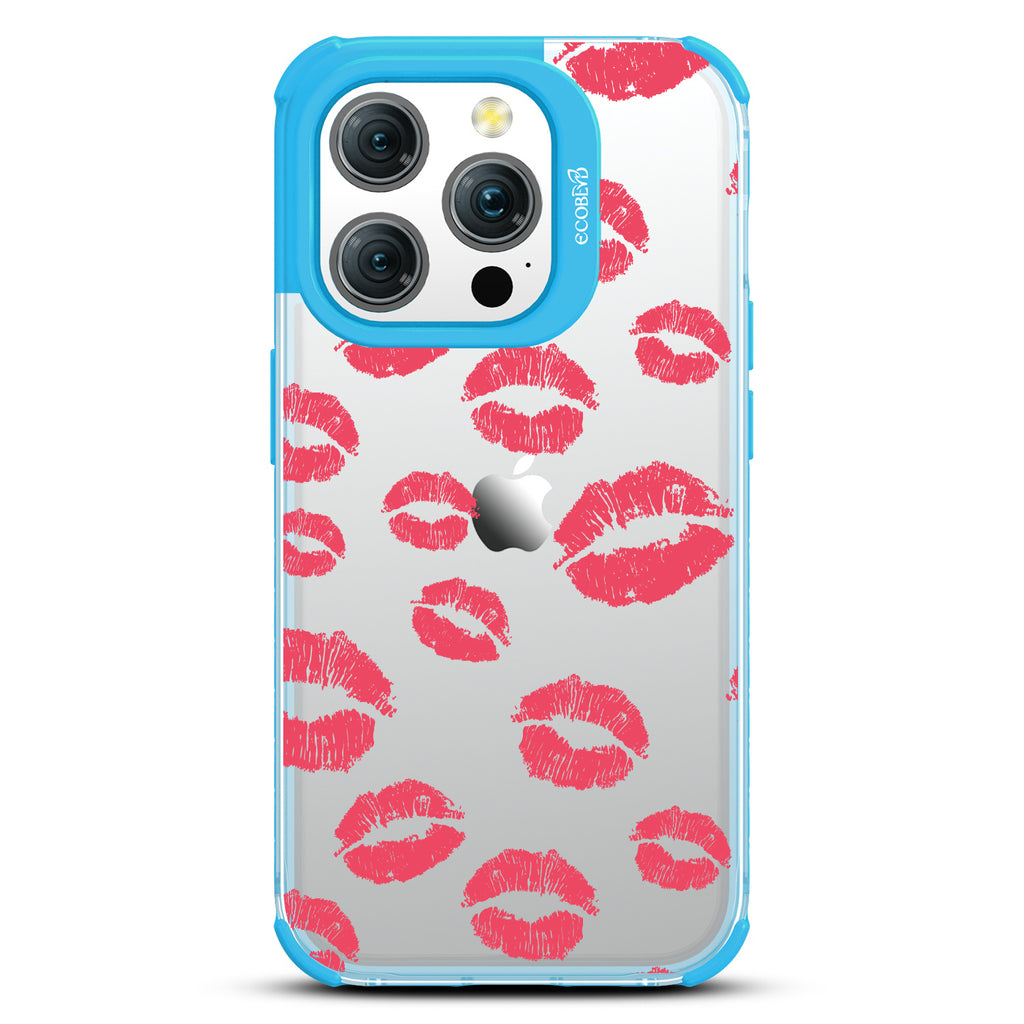 Bisou - Red Lipstick Kisses - Eco-Friendly Clear  iPhone 15 Pro Case With Blue Rim