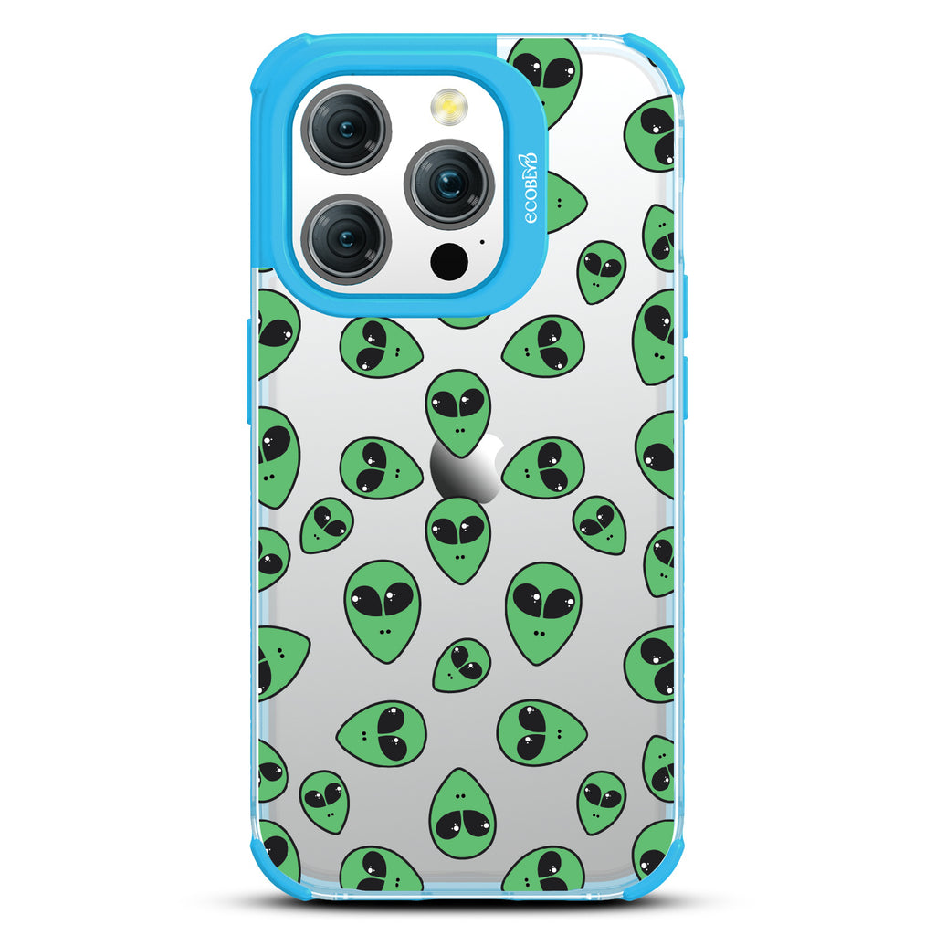 Aliens - Green Cartoon Alien Heads - Eco-Friendly Clear iPhone 15 Pro Case With Blue Rim