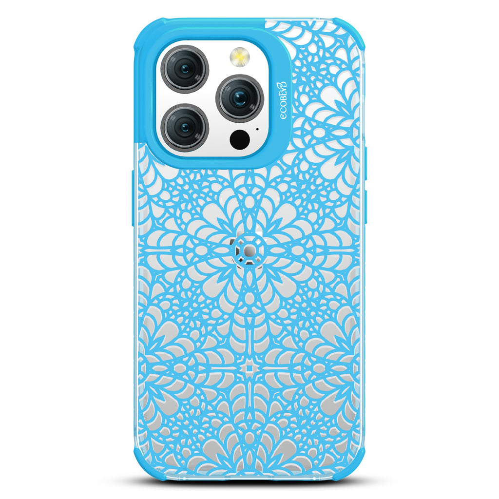 A Lil' Dainty -Intricate Lace Tapestry - Eco-Friendly Clear iPhone 15 Pro Case With Blue Rim 