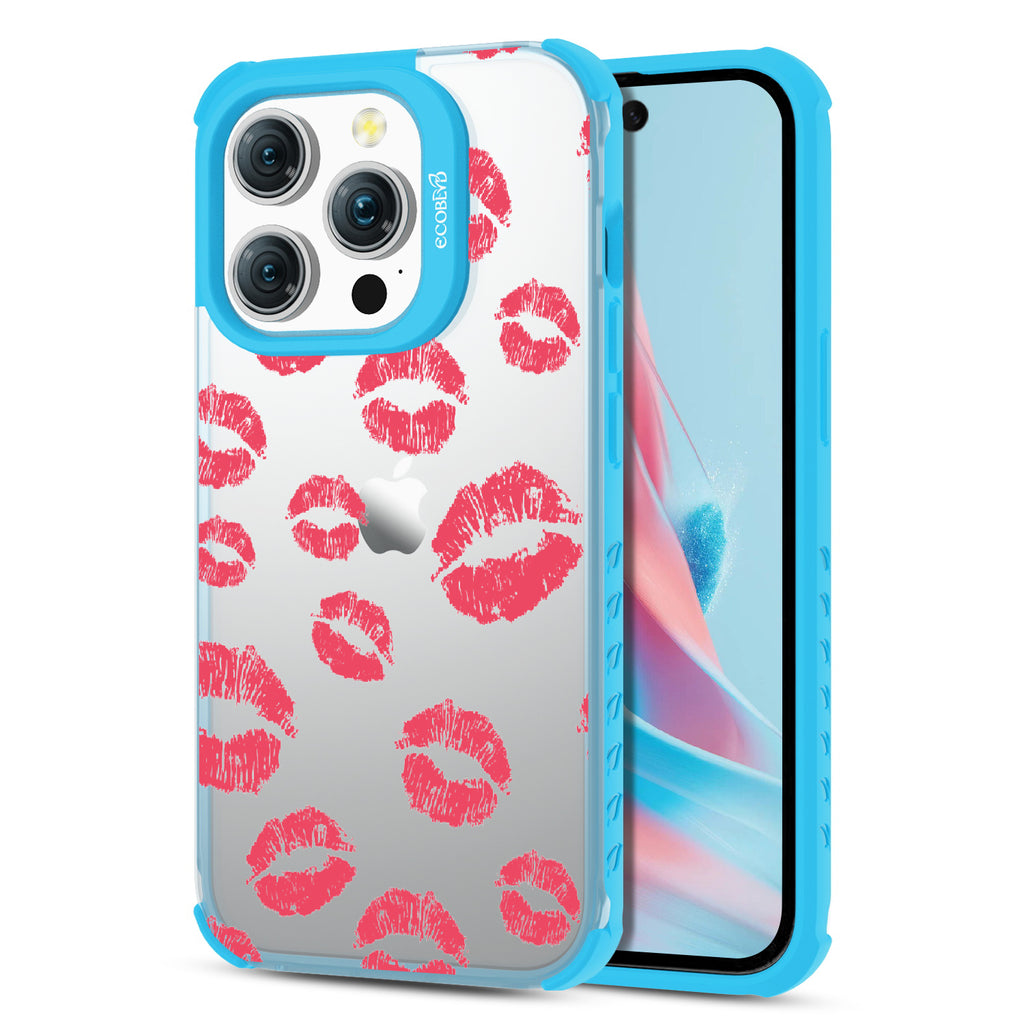  Bisou - Back View Of Eco-Friendly iPhone 15 Pro Clear Case With Blue Rim & Front View Of Screen