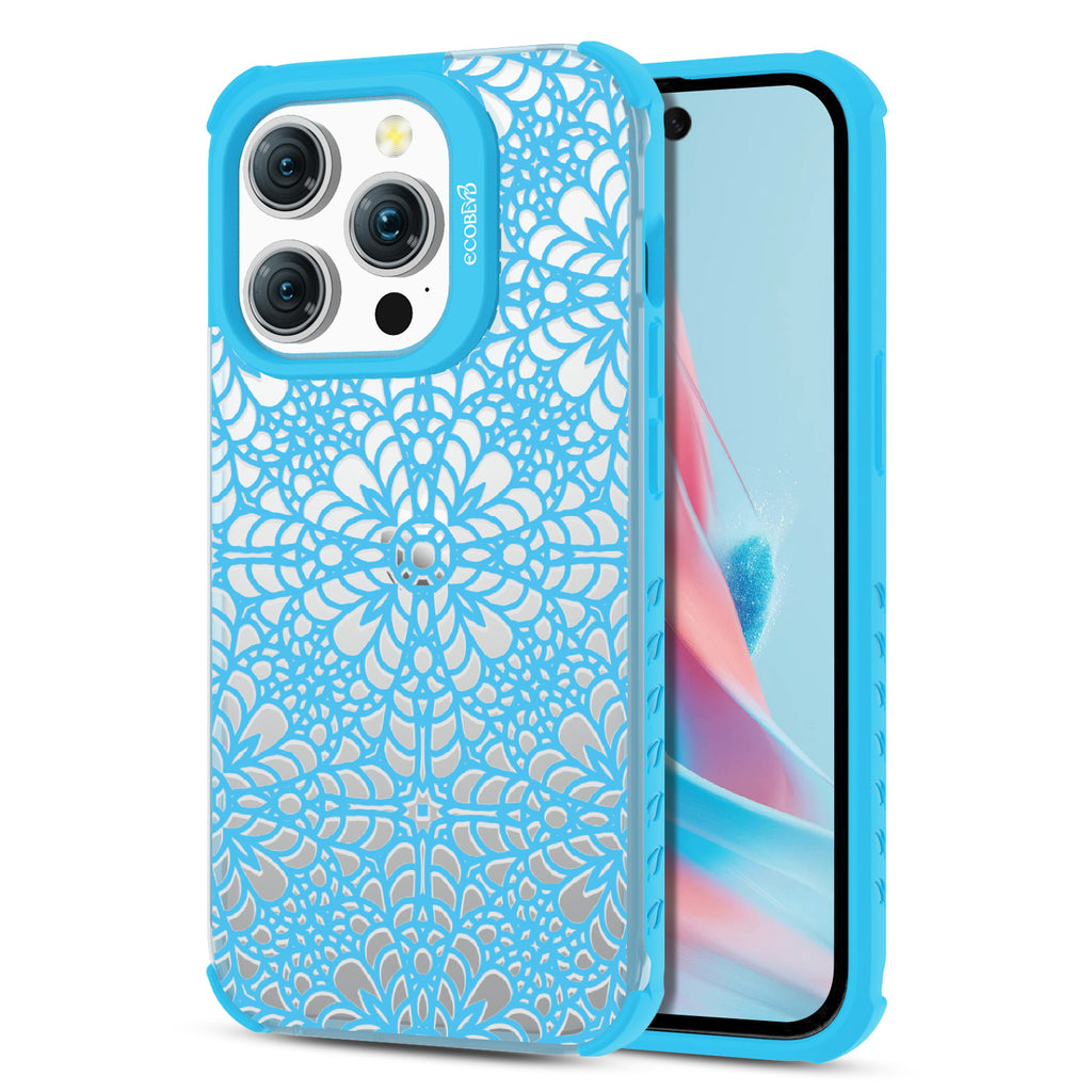 A Lil' Dainty  - Back View Of Eco-Friendly iPhone 15 Pro Clear Case With Blue Rim & Front View Of Screen