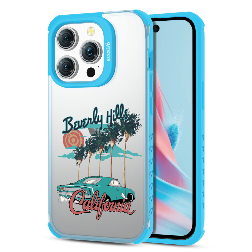 Front and back view of iPhone 14 Pro Max case, clear compostable phone case with blue ridges, 90210 design