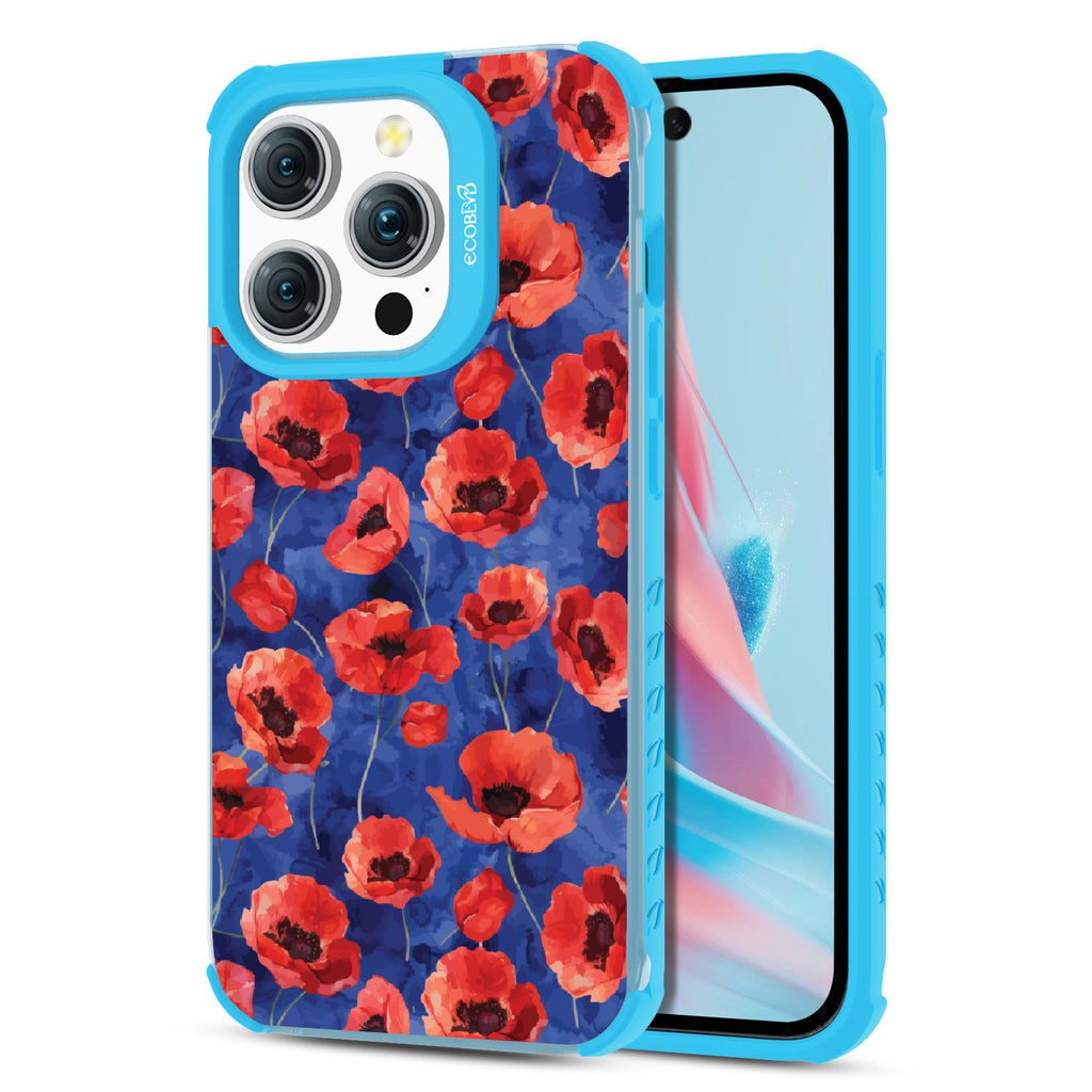 Front and back view of iPhone 15 Pro case, clear compostable phone case with blue ridges, Dream Bouquet design