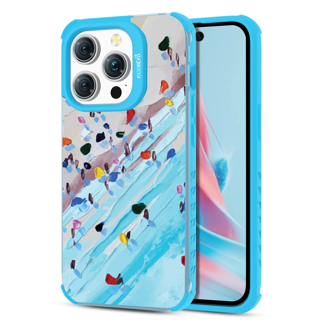 Front and back view of iPhone 15 Pro case, clear compostable phone case with blue ridges, Waves of Color design