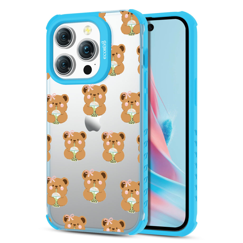 Front and back view of iPhone 15 Pro case, clear compostable phone case with blue ridges, Bear-ista Approved design