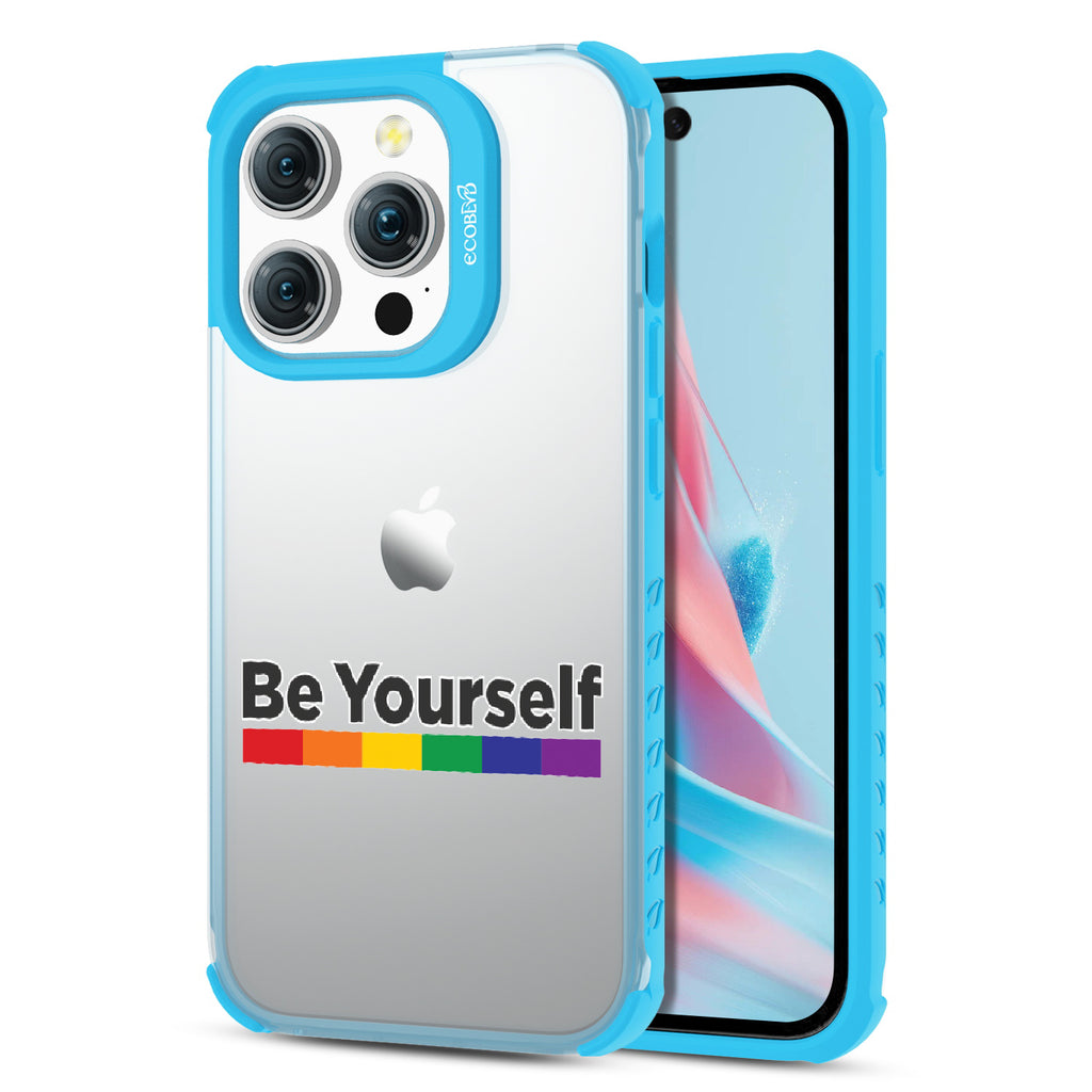  Be Yourself - Back View Of Eco-Friendly iPhone 15 Pro Clear Case With Blue Rim & Front View Of Screen