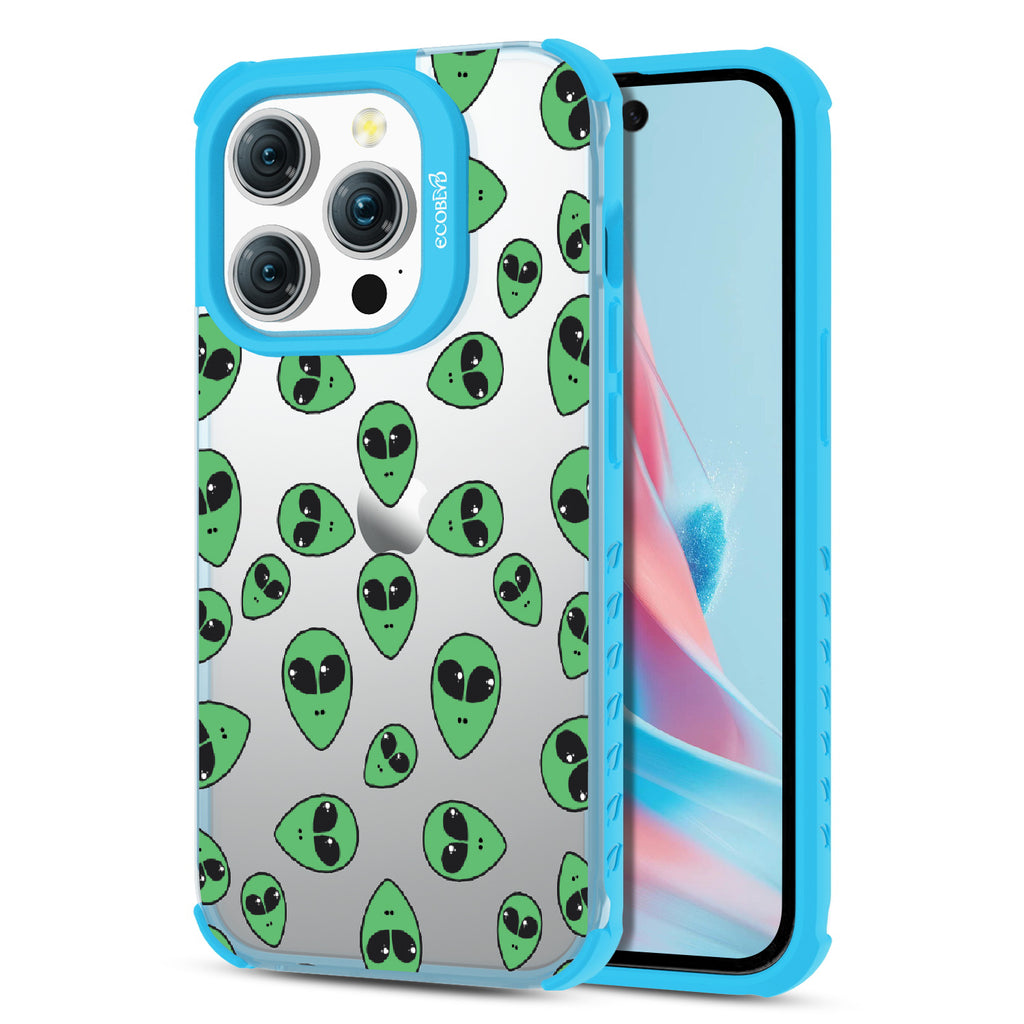 Aliens  - Back View Of Eco-Friendly iPhone 15 Pro Clear Case With Blue Rim & Front View Of Screen