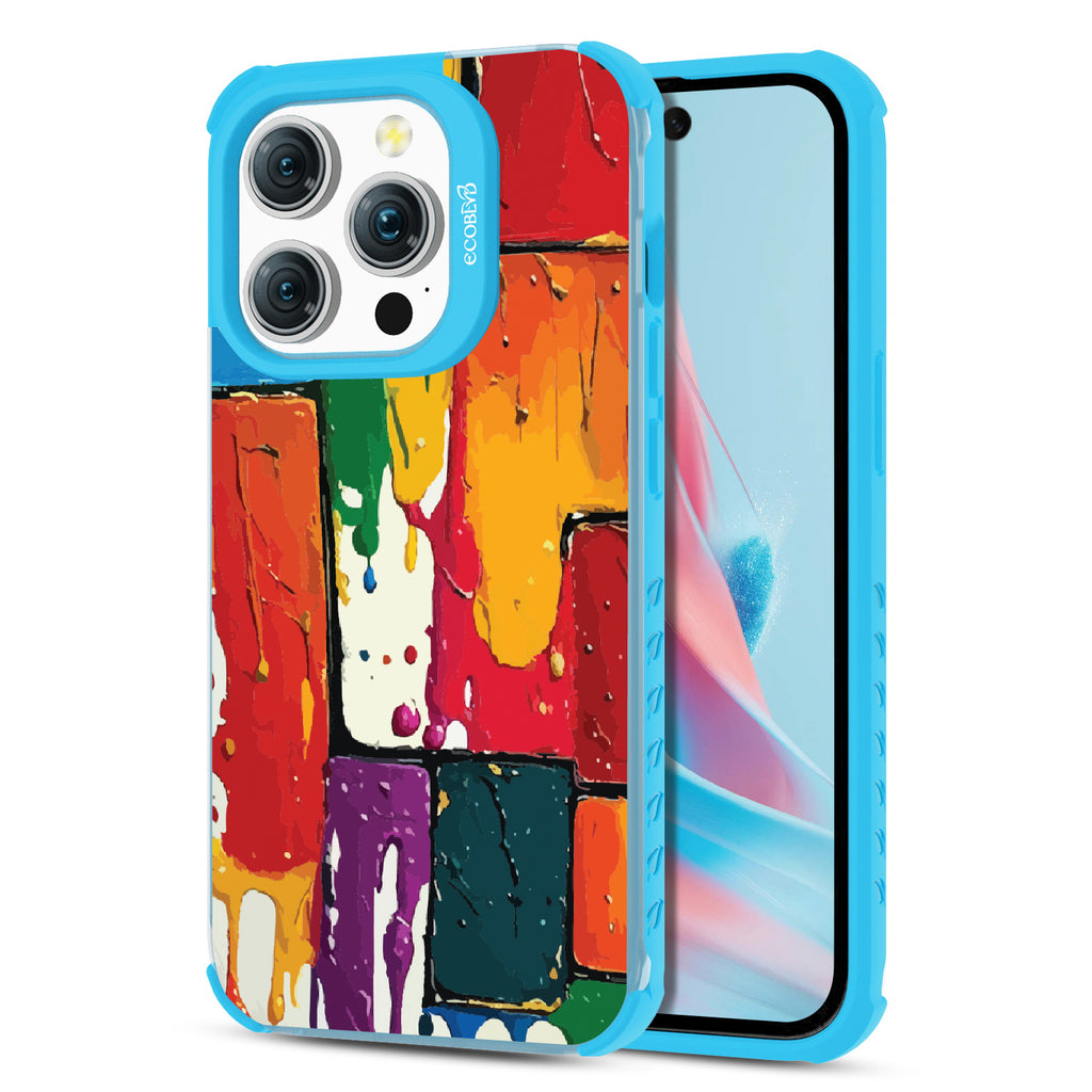 Front and back view of iPhone 15 Pro case, clear compostable phone case with blue ridges, Color Me Mine design