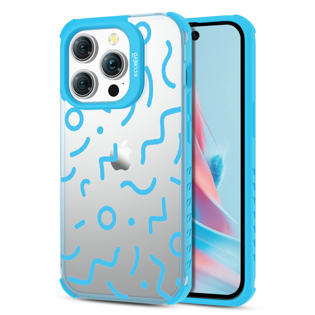 90?€?s Kids - Back View Of Eco-Friendly iPhone 15 Pro Clear Case With Blue Rim & Front View Of Screen