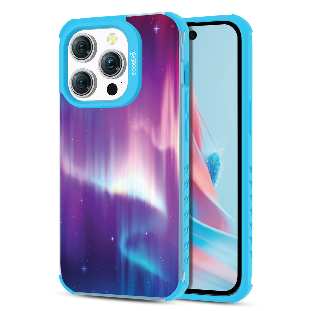 Aurora Borealis - Back View Of Eco-Friendly iPhone 15 Pro Clear Case With Blue Rim & Front View Of Screen